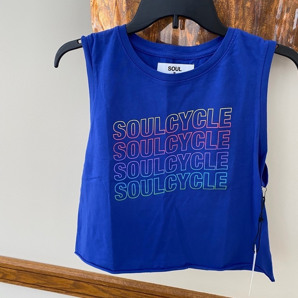SoulCycle Blue Muscle Tee with Multicolor Logo NWT